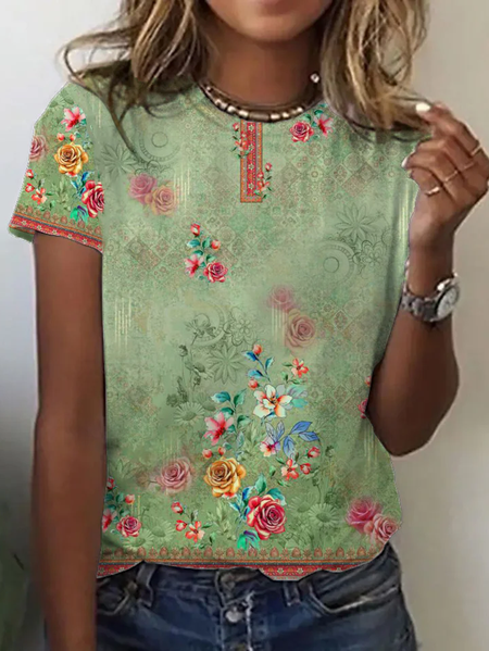 Casual Floral Crew Neck Short Sleeve T-shirt, Green, T-shirts