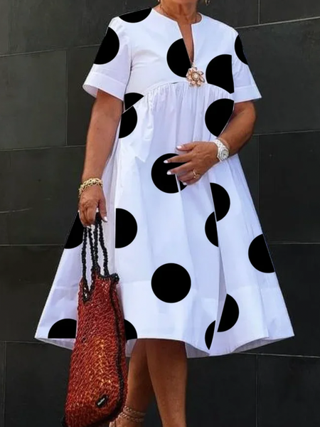 

Plus Size Loose Others Urban Polka Dots Short Sleeve Midi Dress, White, Plus Dresses