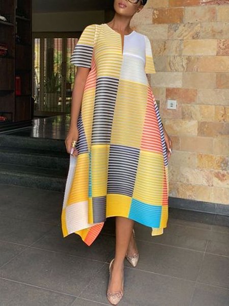 

Geometric Notched Elegant Loose Short Sleeve Midi Dress, Yellow, Midi Dresses