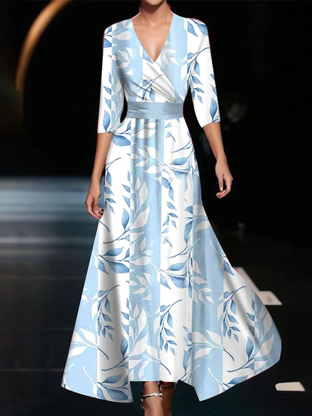 

Women Floral V Neck Half Sleeve Comfy Casual Maxi Dress, Blue, Dresses