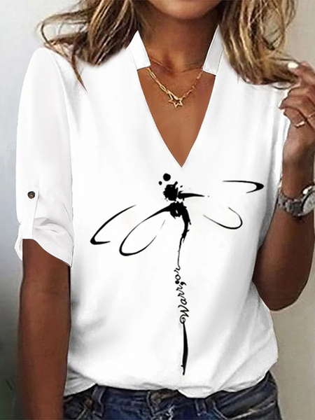 

Casual Dragonfly Notched Half Sleeve T-shirt, White, T-shirts