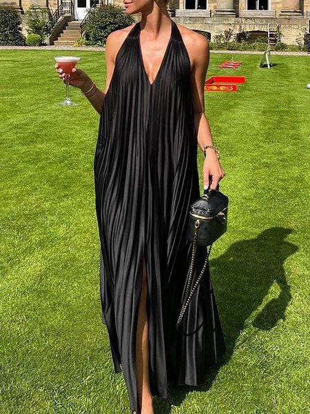 

Halter Plain Elegant Loose Long Dress, Black, Maxi Dresses