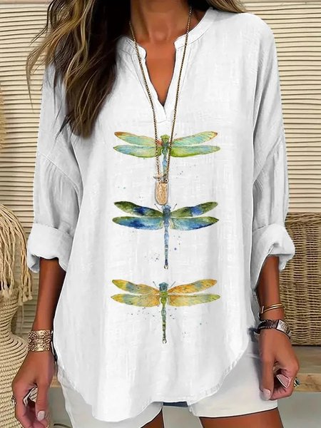 

Notched Long Sleeve Dragonfly Regular Loose Blouse For Women, White, Blouses