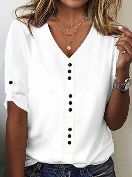

Women's Half Sleeve Tee T-shirt Summer Plain Buckle Cotton V Neck Daily Going Out Casual Top White, T-Shirts