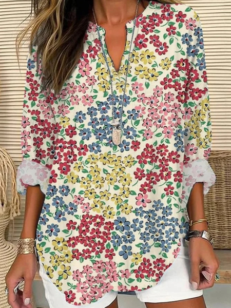 

V Neck Long Sleeve Floral Regular Loose Blouse For Women, Flower, Blouses