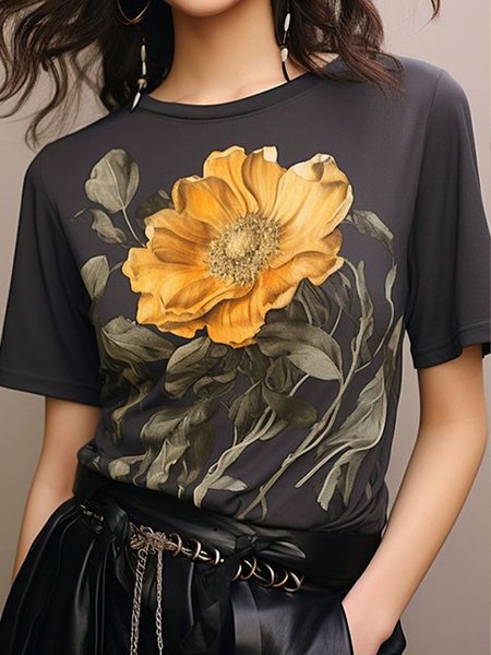 

Plus Size Floral Loose Crew Neck Casual Short Sleeve T-Shirt, Gray, Plus Tops