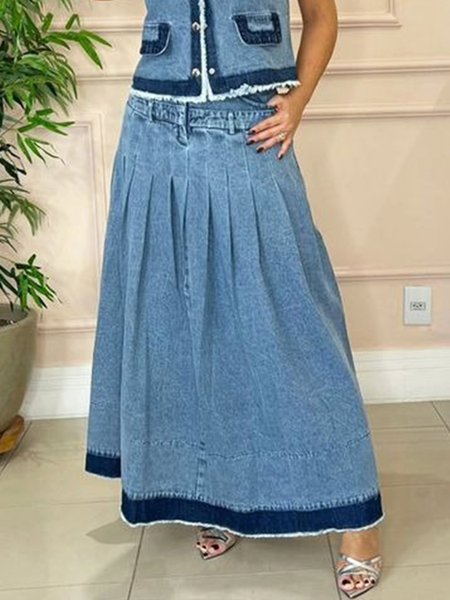 

Urban Color Block High Waist Pleated Denim Skirt, Blue, Denim Skirts