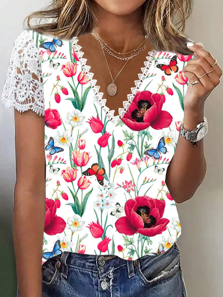 

Women's Short Sleeve Blouse Summer Floral Lace Edge V Neck Daily Going Out Casual Top Red, Blouses
