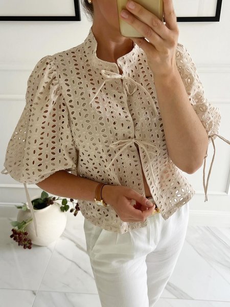 

Plain Eyelet Regular Fit Urban Half Sleeve Shirt, Apricot, Blouses and Shirts