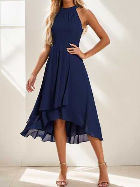 

Women's Sleeveless Summer Plain Halter Party Going Out Elegant Midi A-Line Formal Dress Dark Blue, Dresses