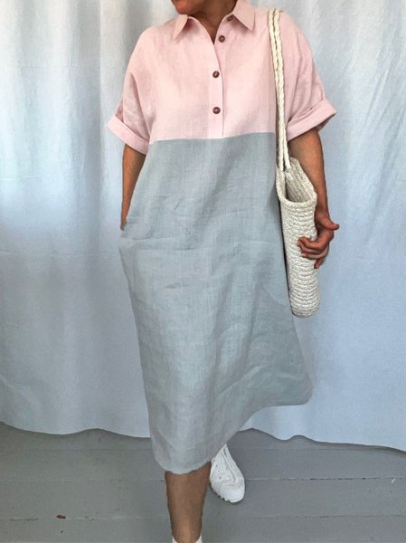 

Color Block Casual Shawl Collar Dress With No, Pink-gray, Maxi Dresses