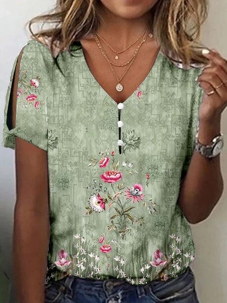 Casual Floral V Neck Short Sleeve T-shirt, Green, T-shirts