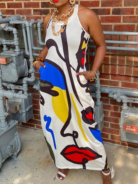 

Casual Crew Neck Random Print Regular Fit Maxi Dress, As picture, Maxi Dresses