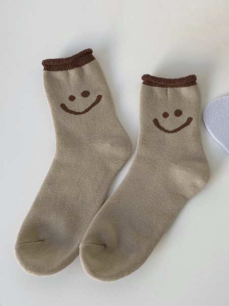

1pair Women Cute Smiley Warmth Terry Socks, Light coffee, Socks