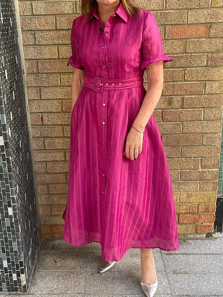 

Regular Fit Elegant Shirt Collar Short Sleeve Maxi Dress With Belt, Rose red, Maxi Dresses