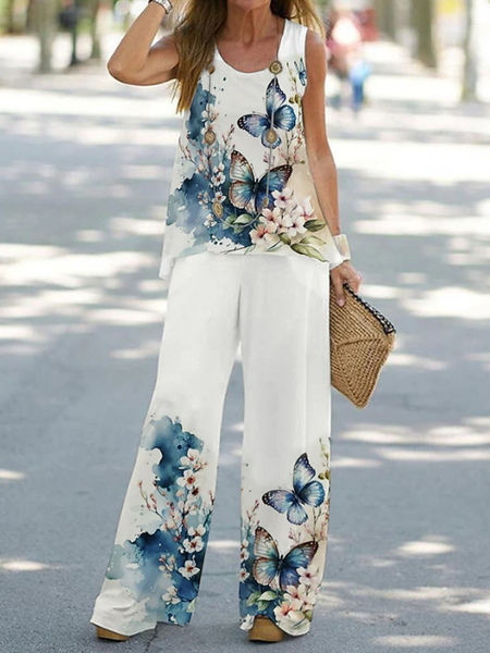 

Women Floral Crew Neck Sleeveless Comfy Casual Top With Pants Two-Piece Set, White, Sets