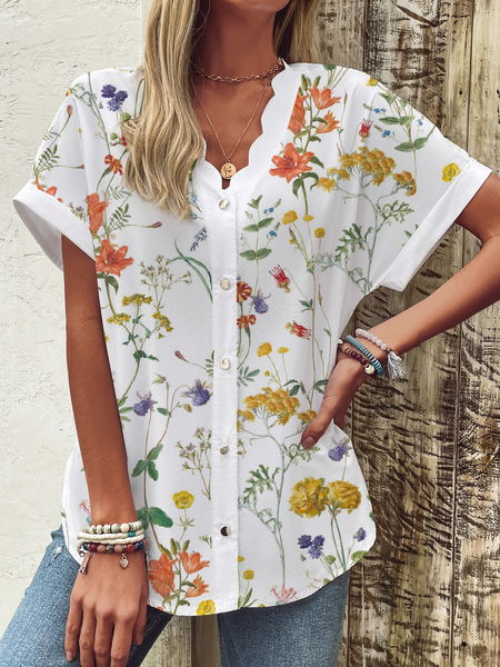 

Lace Collar Short Sleeve Floral Regular Loose Blouse For Women, White, Shirts
