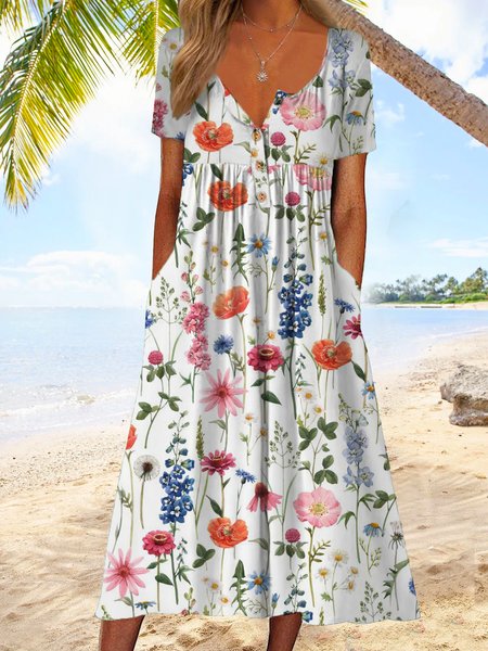

Women Floral Crew Neck Short Sleeve Comfy Casual Maxi Dress, Multicolor, Dresses