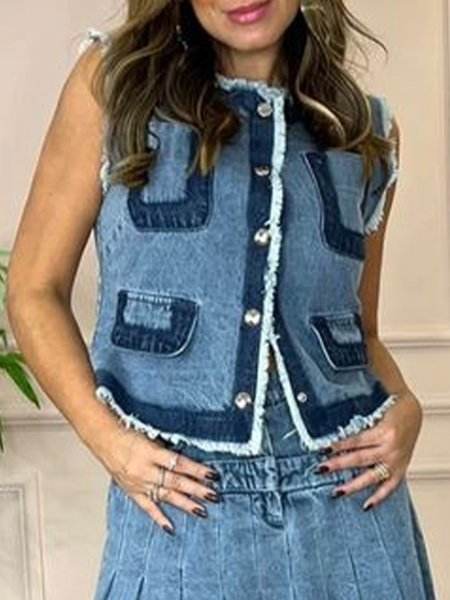 

Urban Color Block Crew Neck Denim Vest, Blue, Vests and Gilets