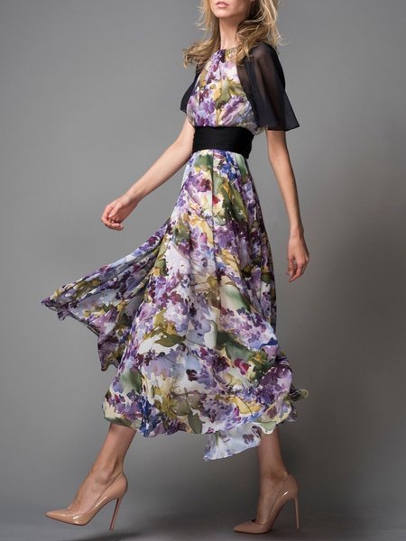 

Floral Elegant Crew Neck Regular Fit Dress, Purple, Maxi Dresses