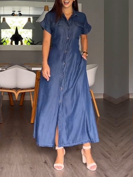 

Regular Fit Shirt Collar Daily Plain Pockets Faux Denim Dress, Blue, Maxi Dresses