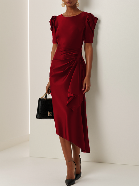 Women's Short Sleeve Summer Plain Asymmetric Dress Crew Neck Holiday Going Out Urban Midi H-Line Hip Skirt, Wine red, Dresses