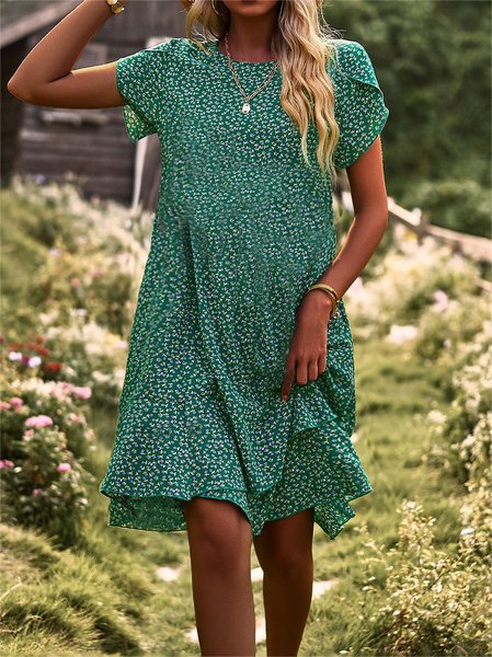 

Loose Casual Crew Neck Floral Dress With No, Green, Midi Dresses
