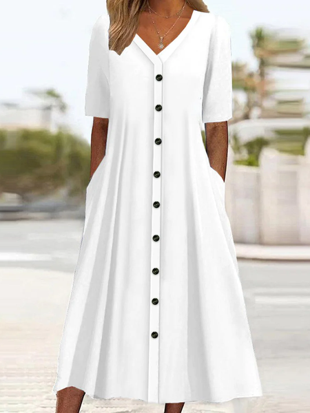 

Women's Short Sleeve Summer Plain Buckle Cotton V Neck Daily Going Out Casual Midi A-Line White, Dresses