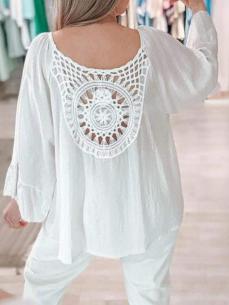 

V Neck Three Quarter Sleeve Plain Lace Regular Loose Blouse For Women, White, Blouses