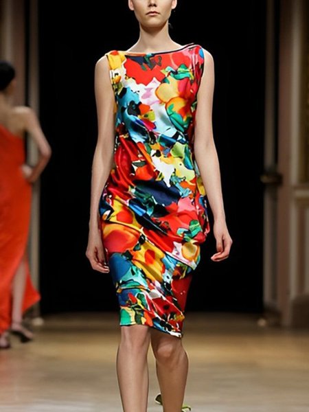 

Elegant Random Print Sleeveless Regular Fit Dress, As picture, Midi Dresses