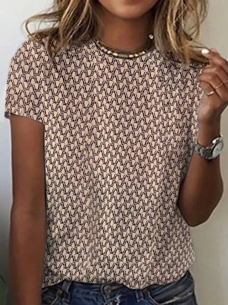 

Casual Geometric Crew Neck Short Sleeve T-shirt, Khaki, T-shirts