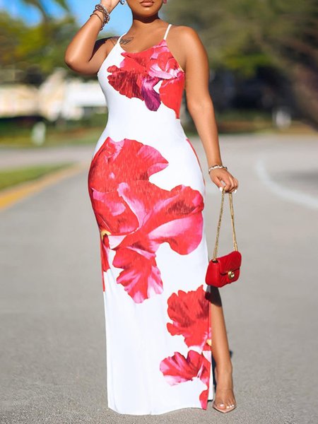 

Floral Tight Vacation Spaghetti Long Dress, As picture, Maxi Dresses