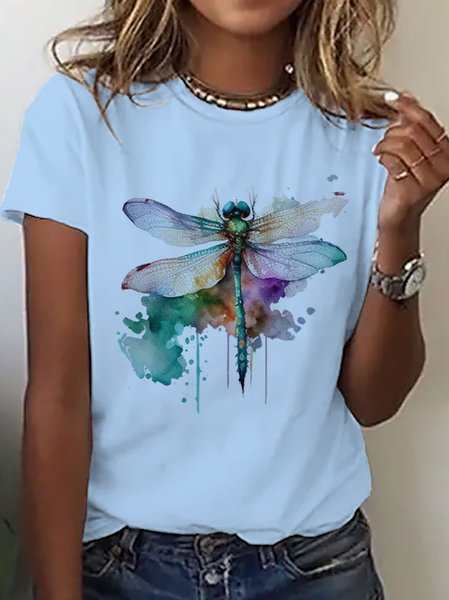 

Women Dragonfly Crew Neck Casual Short Sleeve T-shirt, Blue, Tees & T-shirts