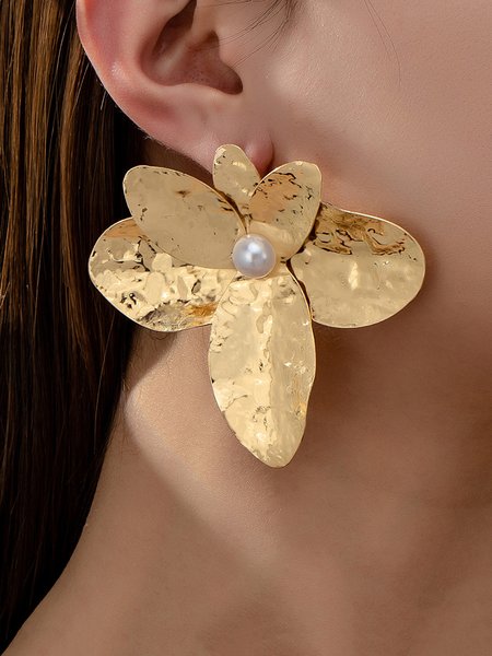 

1pair Metal Flower Faux Pearl Earrings, Golden, Earrings