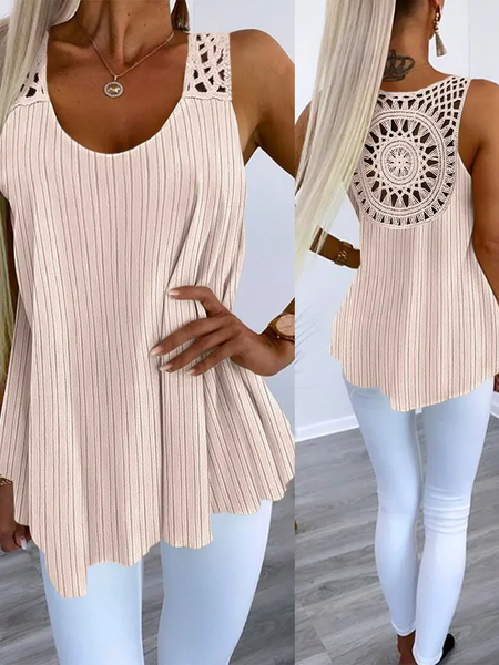 

Casual Crew Neck Plain Tank Top Lace, Apricot, Tanks & Camis