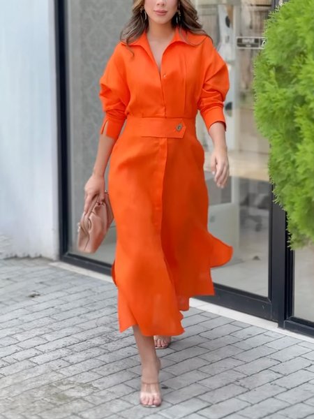 

Shirt Collar Plain Casual Regular Fit Midi Dress, Orange, Midi Dresses