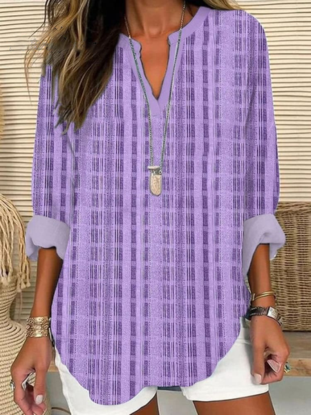 

Notched Long Sleeve Plaid Regular Loose Blouse For Women, Purple, Blouses