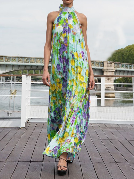 

Halter Floral Loose Sleeveless Vacation Maxi Dress, As picture, Maxi Dresses
