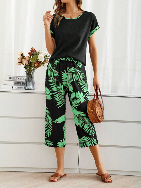 Loose Crew Neck Palm Leaf Casual Two Piece Set