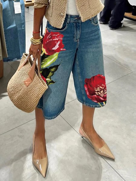 

Casual Floral Denim Shorts, Denim blue, Denim Shorts