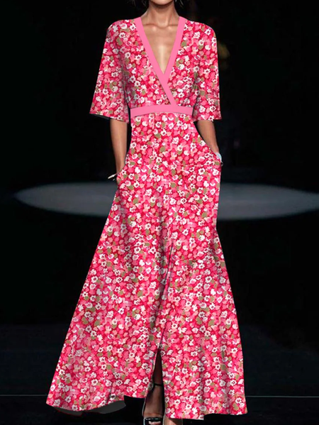 Women Floral V Neck Short Sleeve Comfy Casual Maxi Dress, Red, Dresses