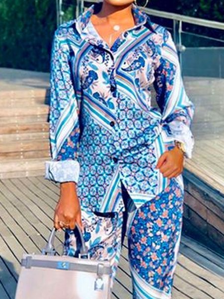 

Loose Shirt Collar Printing Urban Shirt, Blue, Blouses and Shirts