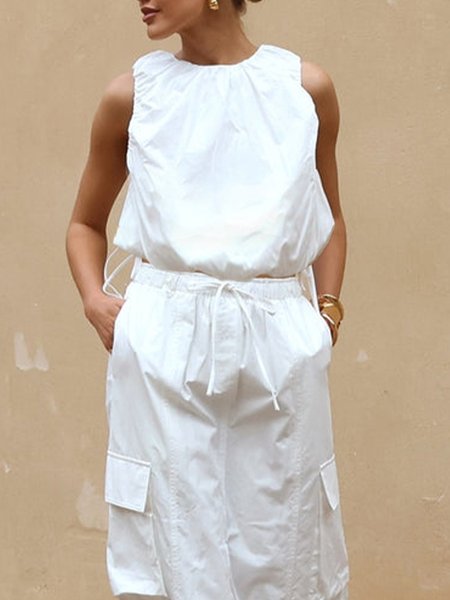 

Crew Neck Loose Plain Casual Tank Top, White, Tanks and Camis