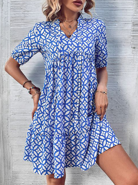 

Women's Short Sleeve Summer Geometric V Neck Daily Going Out Casual Mini A-Line Blue, Dresses