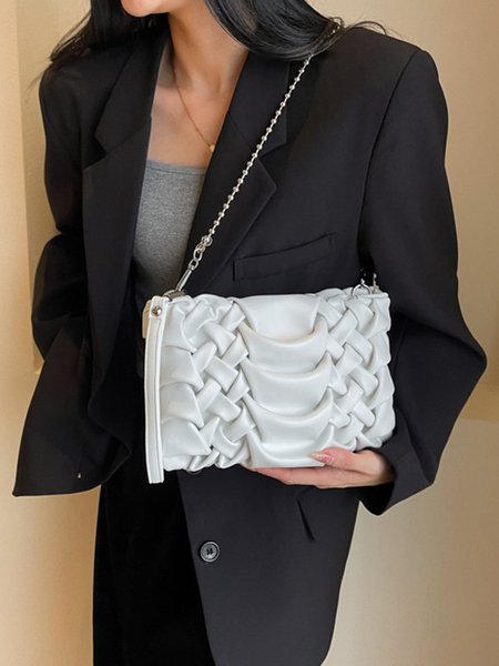 

Fashionable Pleated Weave Wristlet Clutch with Metal Crossbody Chain, Off white, Bags