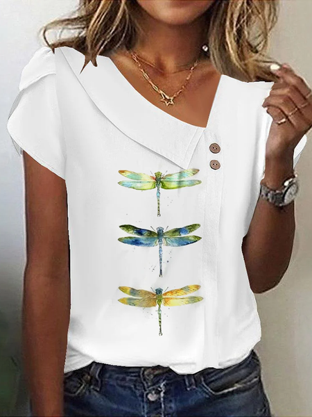 

Casual Dragonfly Asymmetrical Short Sleeve T-shirt, White, Blouses