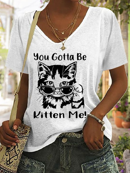 

Casual Cat V Neck Short Sleeve T-shirt, White, T-shirts