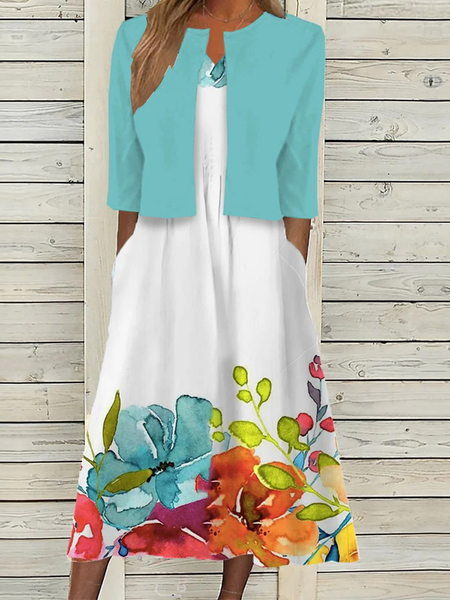 

Women Floral V Neck Half Sleeve Comfy Casual Coat With Skirt Two-Piece Set, Blue, Sets
