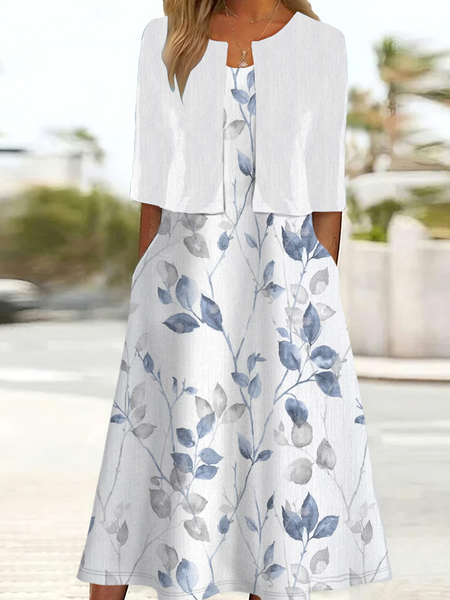 

Women Leaf Crew Neck Half Sleeve Comfy Casual Top With Skirt Two-Piece Set, White, Sets