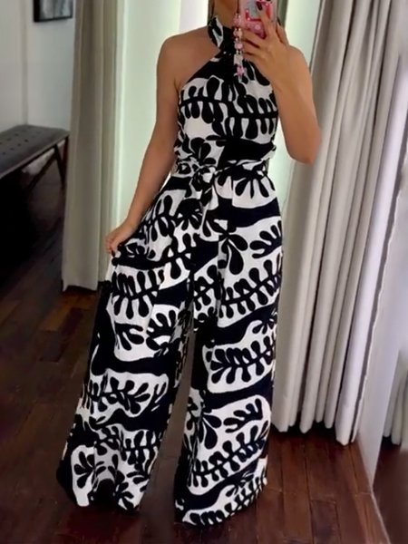 

Halter Random Print Casual Regular Fit Jumpsuit With Belt, Black-white, Jumpsuits
